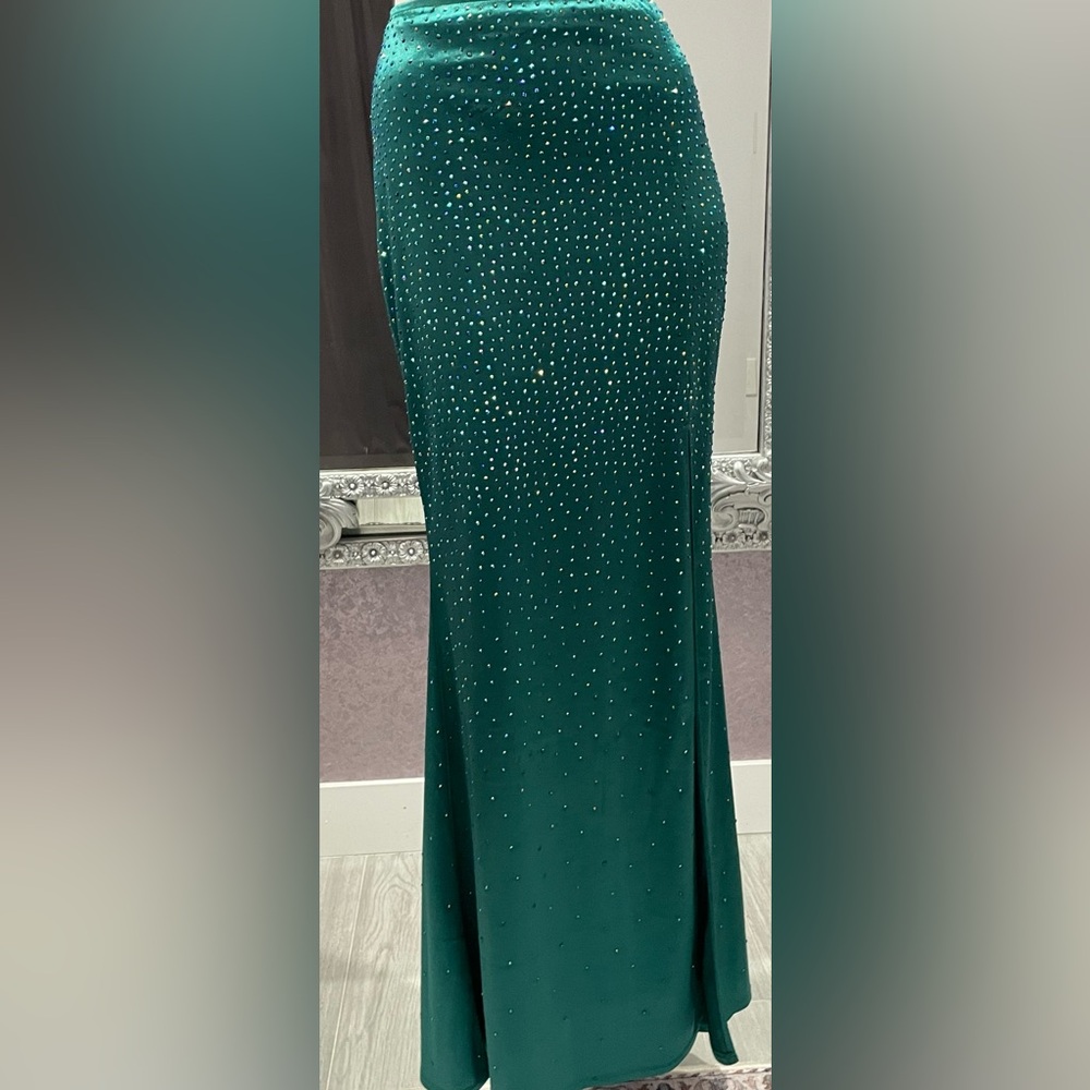 Windsor Stretch Satin Rhinestone Fishtail Maxi Skirt Side Slit